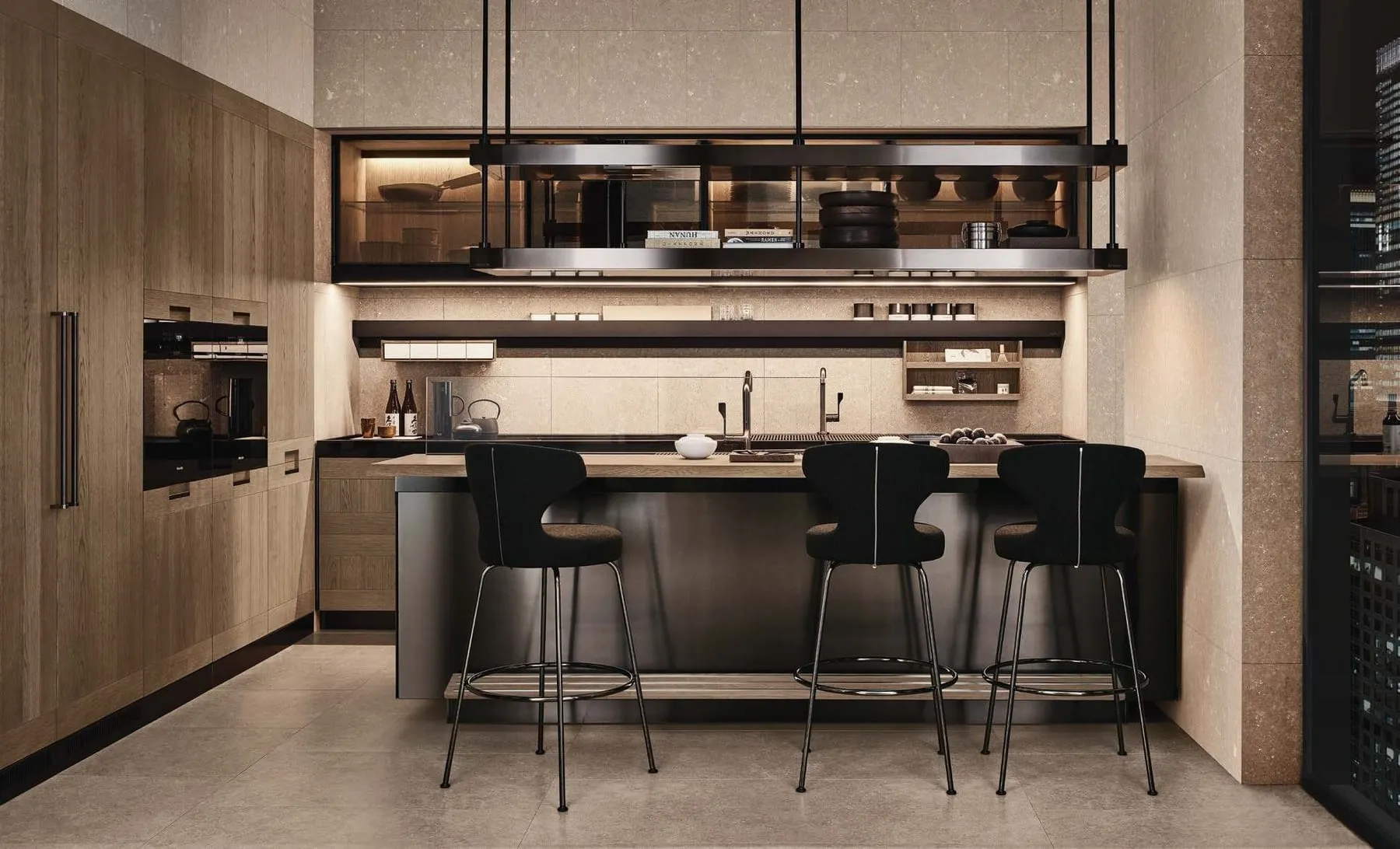 Кухня Arclinea Convivium, фасады в шпоне дуба, столешница из камня