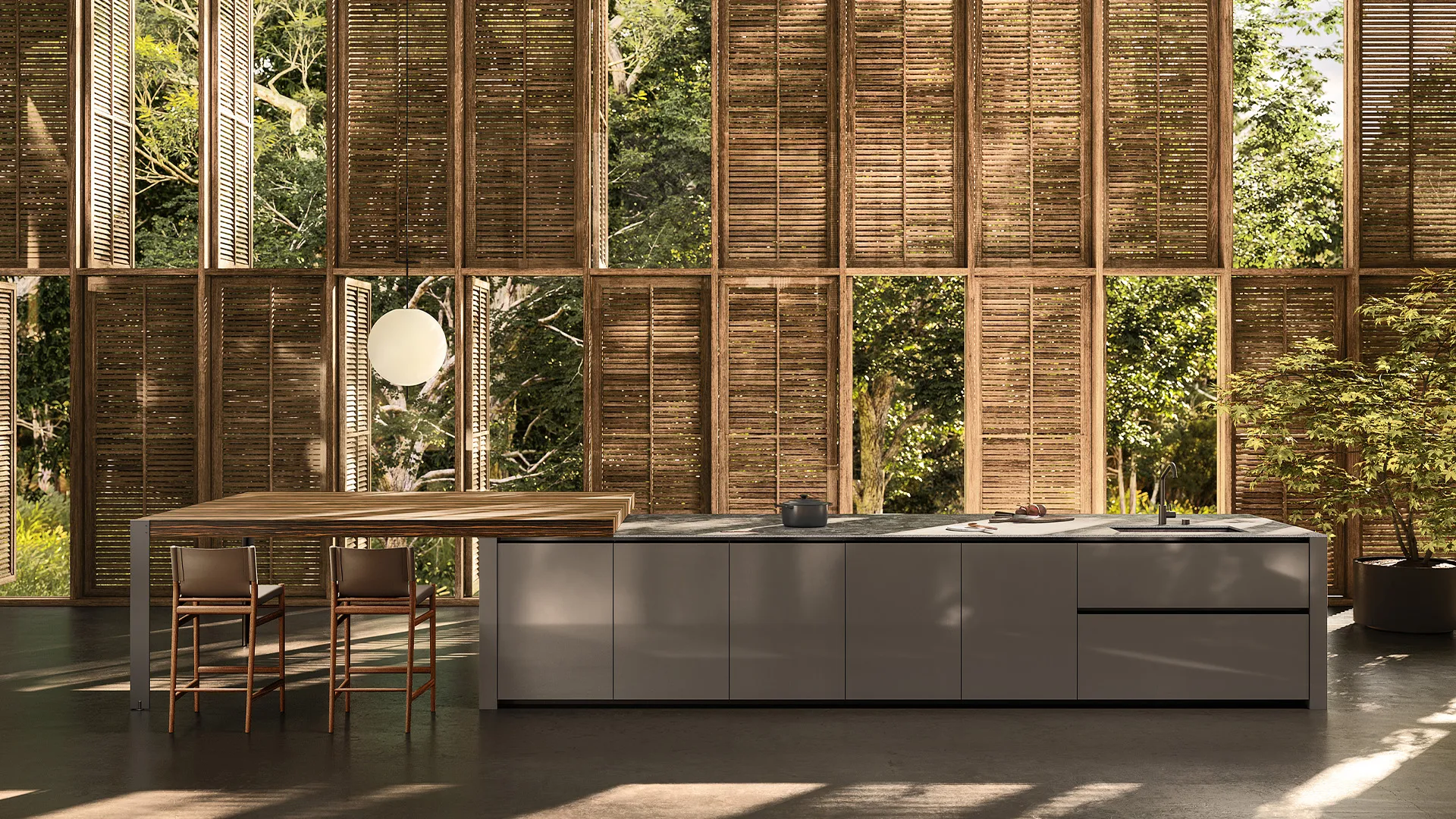 Кухня Arclinea Convivium, фасады в шпоне дуба, столешница из камня