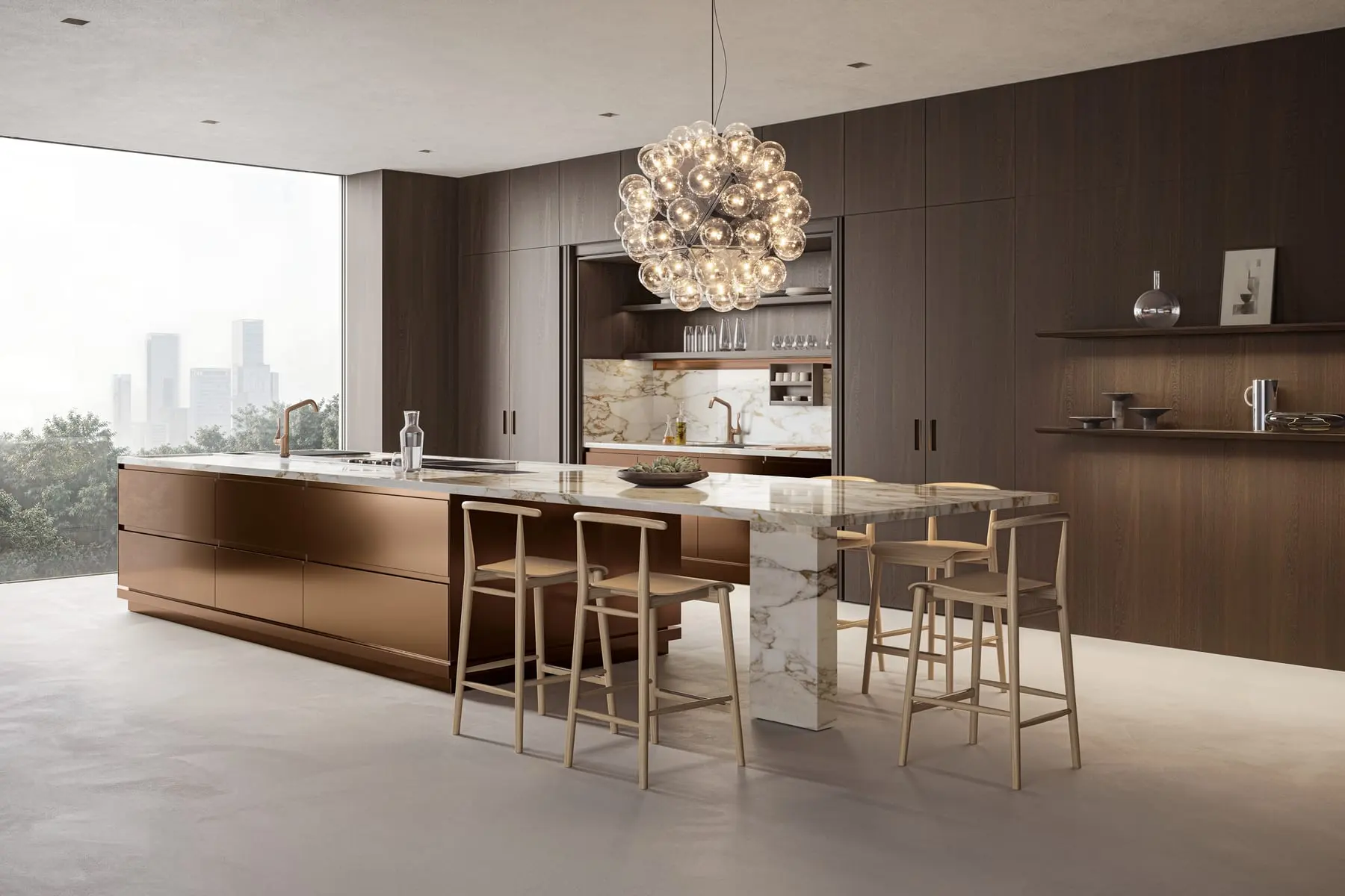 Кухня Arclinea с островом из камня и деревянными фасадами